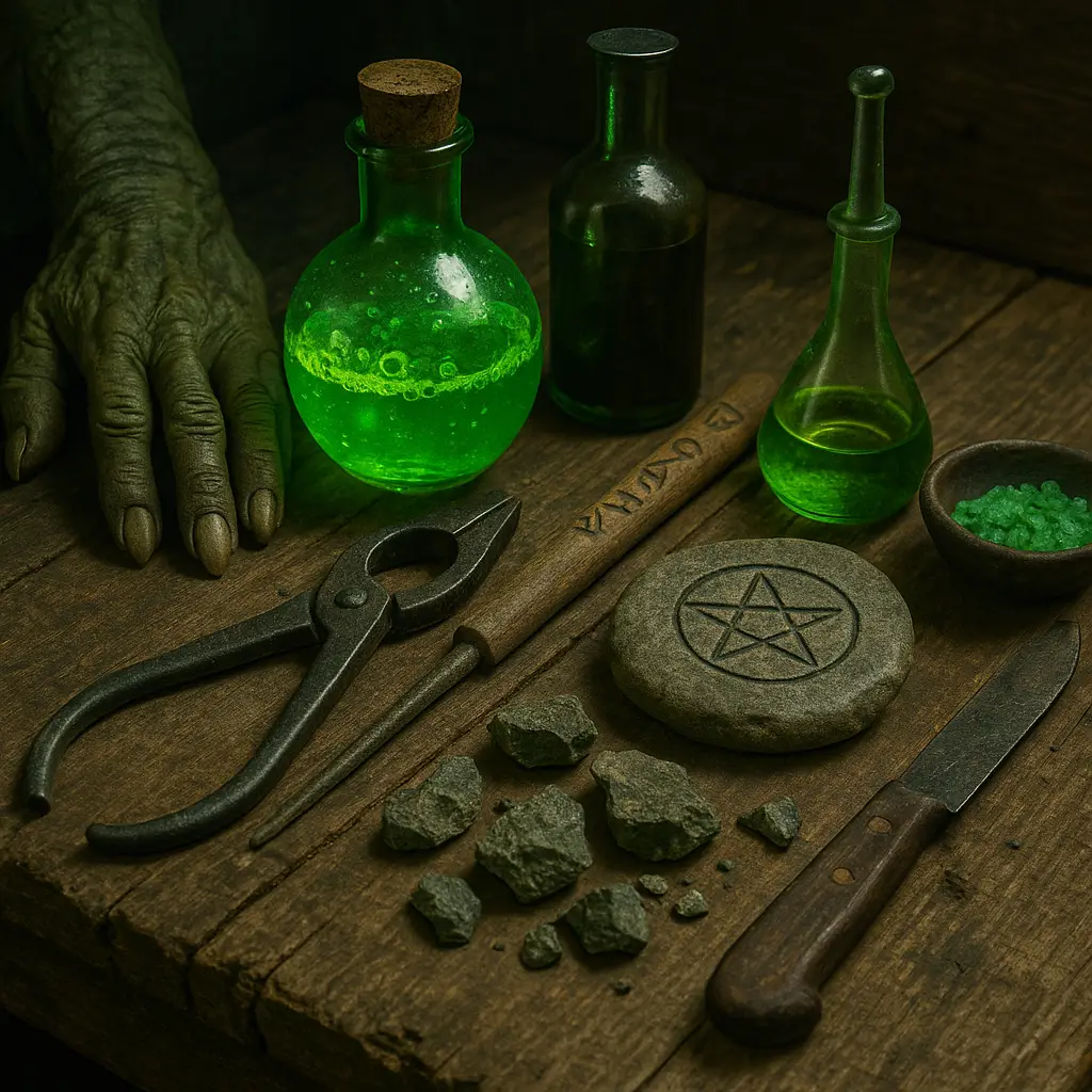 Goblin alchemy table with glowing green potions, stone pentacle seal, tools, and enchanted ingredients on aged wooden surface.