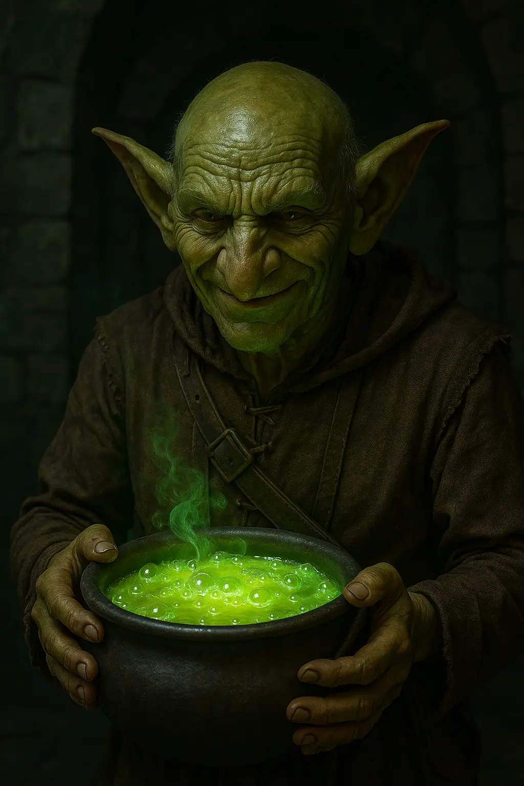 Photorealistic goblin holding a steaming neon-green alchemy cauldron inside a stone chamber, dark fantasy lighting, Toxic Goblin aesthetic.