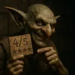 Photorealistic goblin holding a wooden 4-out-of-5-star rating sign inside a dim dungeon, smiling mischievously during an influencer review.