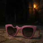 Pink glitter sunglasses with a goblin bite mark left on a dungeon floor, lit by torchlight in a dark stone corridor.