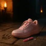 Abandoned pink sneaker and fallen lip gloss lying on a dungeon floor beside a goblin footprint, lit by flickering torchlight.