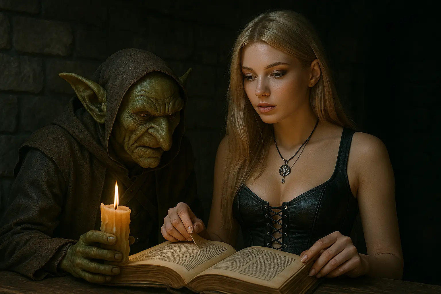 Photorealistic goblin scholar and young woman studying an ancient book by candlelight in a stone chamber, dark fantasy lore atmosphere
