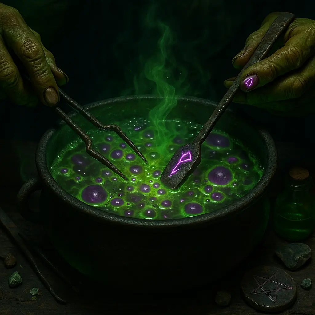 Goblin hands stirring a bubbling green potion with purple bubbles inside a dark cauldron using metal tools.