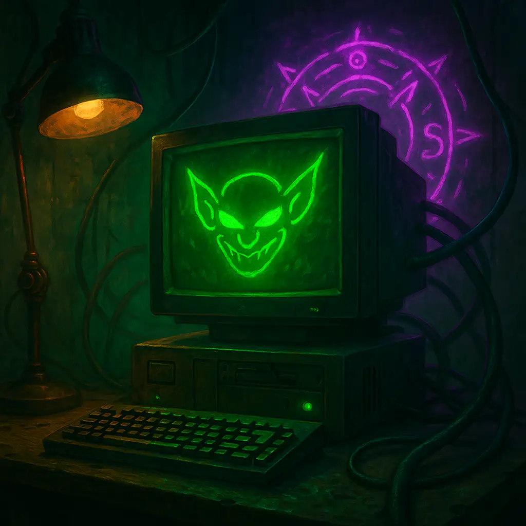 Old computer terminal displaying a glowing green goblin face inside a dark underground room with cables and symbols.