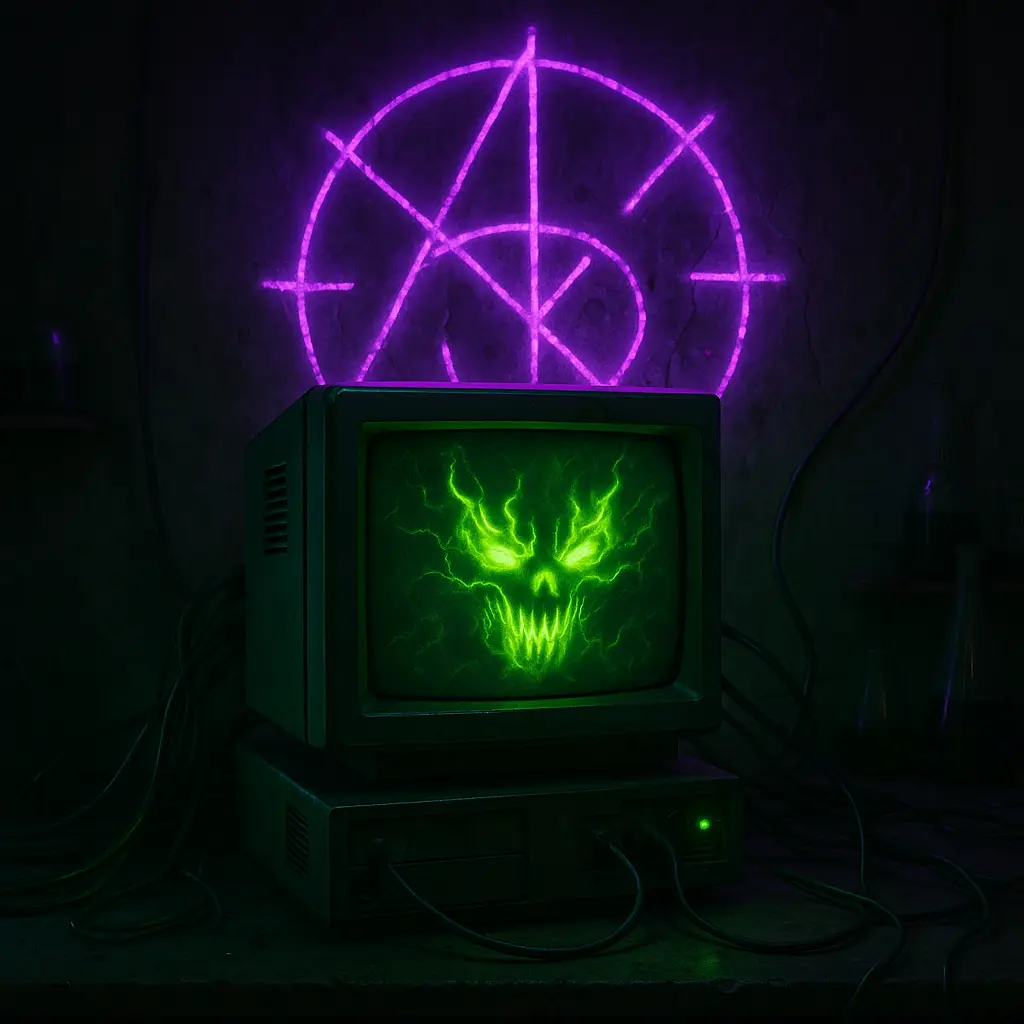 Neon-lit CRT computer merging with demonic AI and esoteric satanic sigil in dark laboratory.